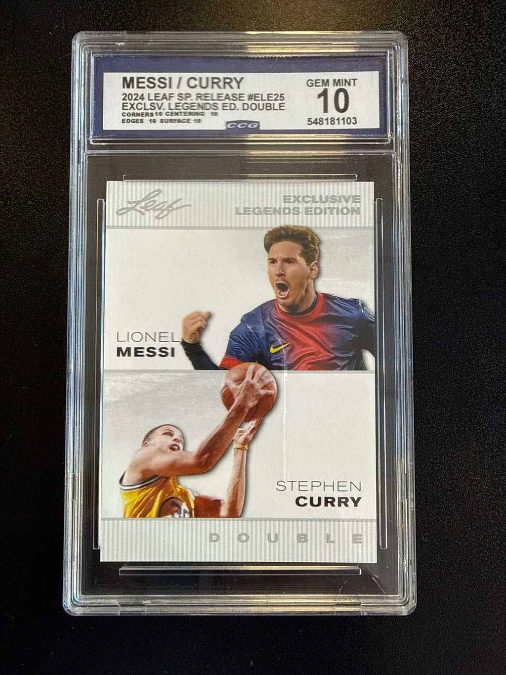 2024 Leaf Special Release #ELE25 Messi/Curry Exclusive Legends Edition Double CCG 10 front