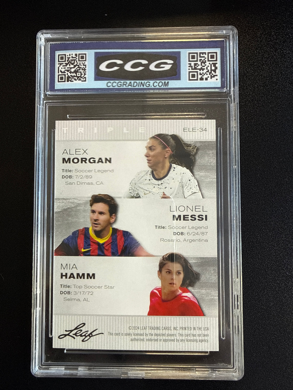 2024 Leaf Special Release Exclusive Legends Triple #ELE34 Alex Morgan / Lionel Messi / Mia Hamm CCG 10 back