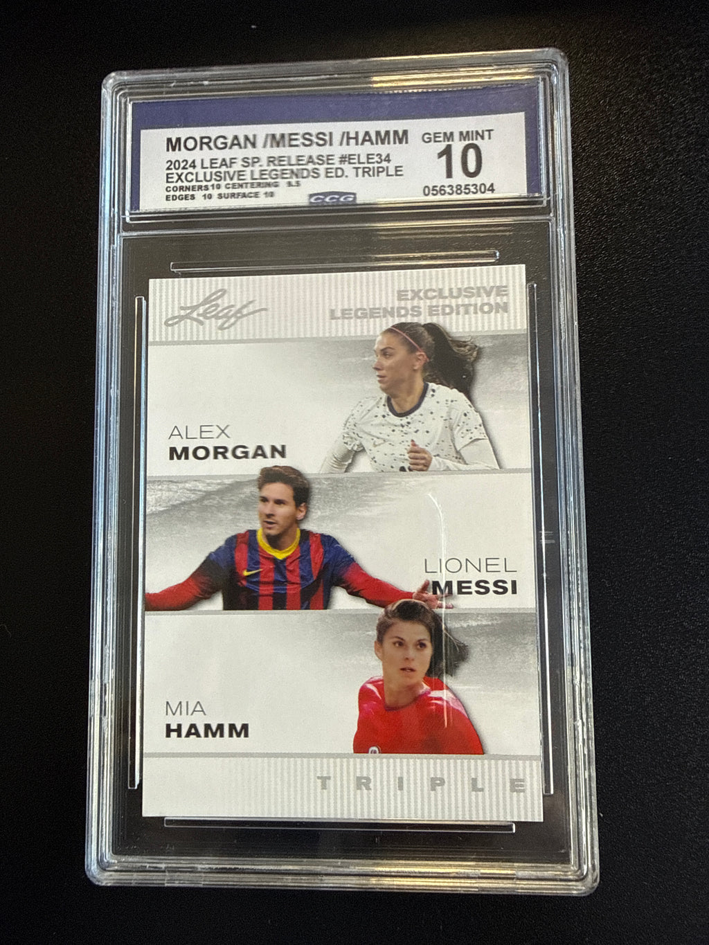 2024 Leaf Special Release Exclusive Legends Triple #ELE34 Alex Morgan / Lionel Messi / Mia Hamm CCG 10 front