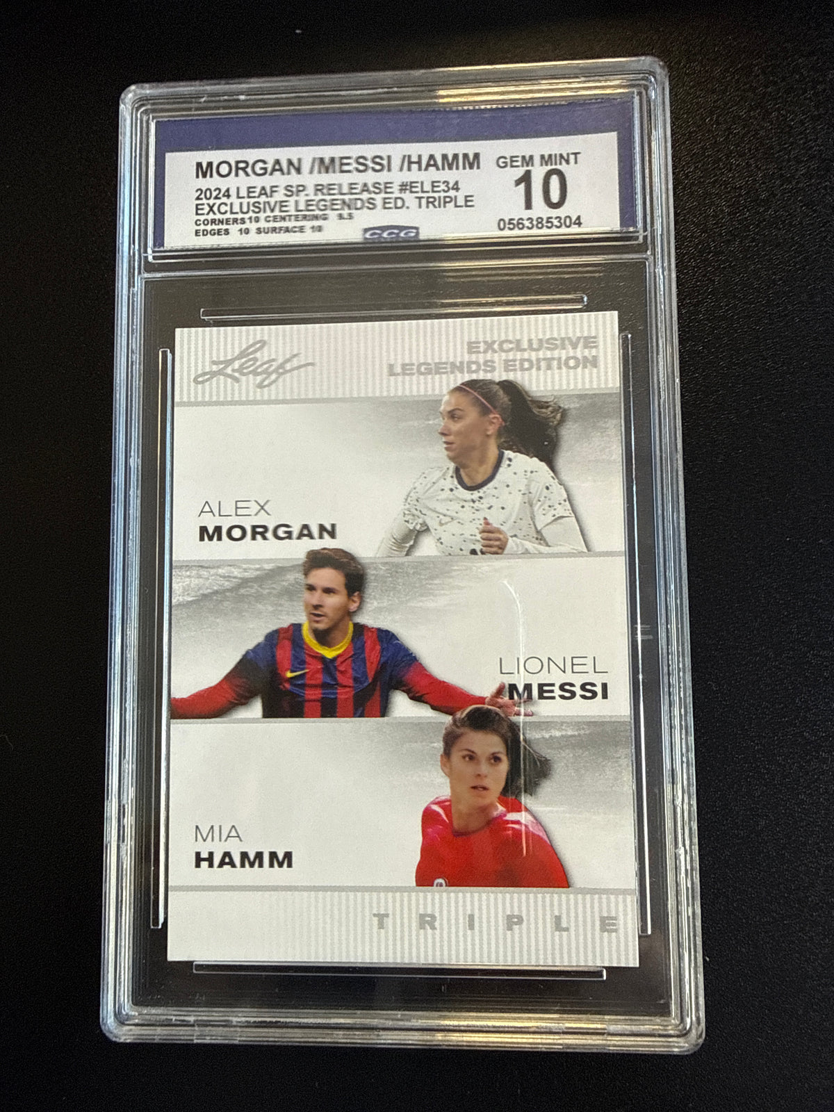 2024 Leaf Special Release Exclusive Legends Triple #ELE34 Alex Morgan / Lionel Messi / Mia Hamm CCG 10 front
