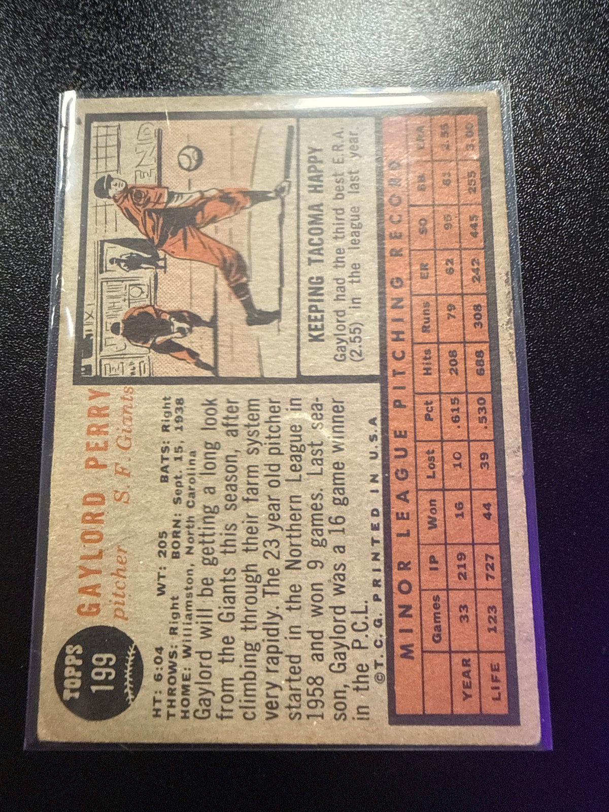 1962 Topps #199 Gaylord Perry Rookie RC San Francisco Giants back