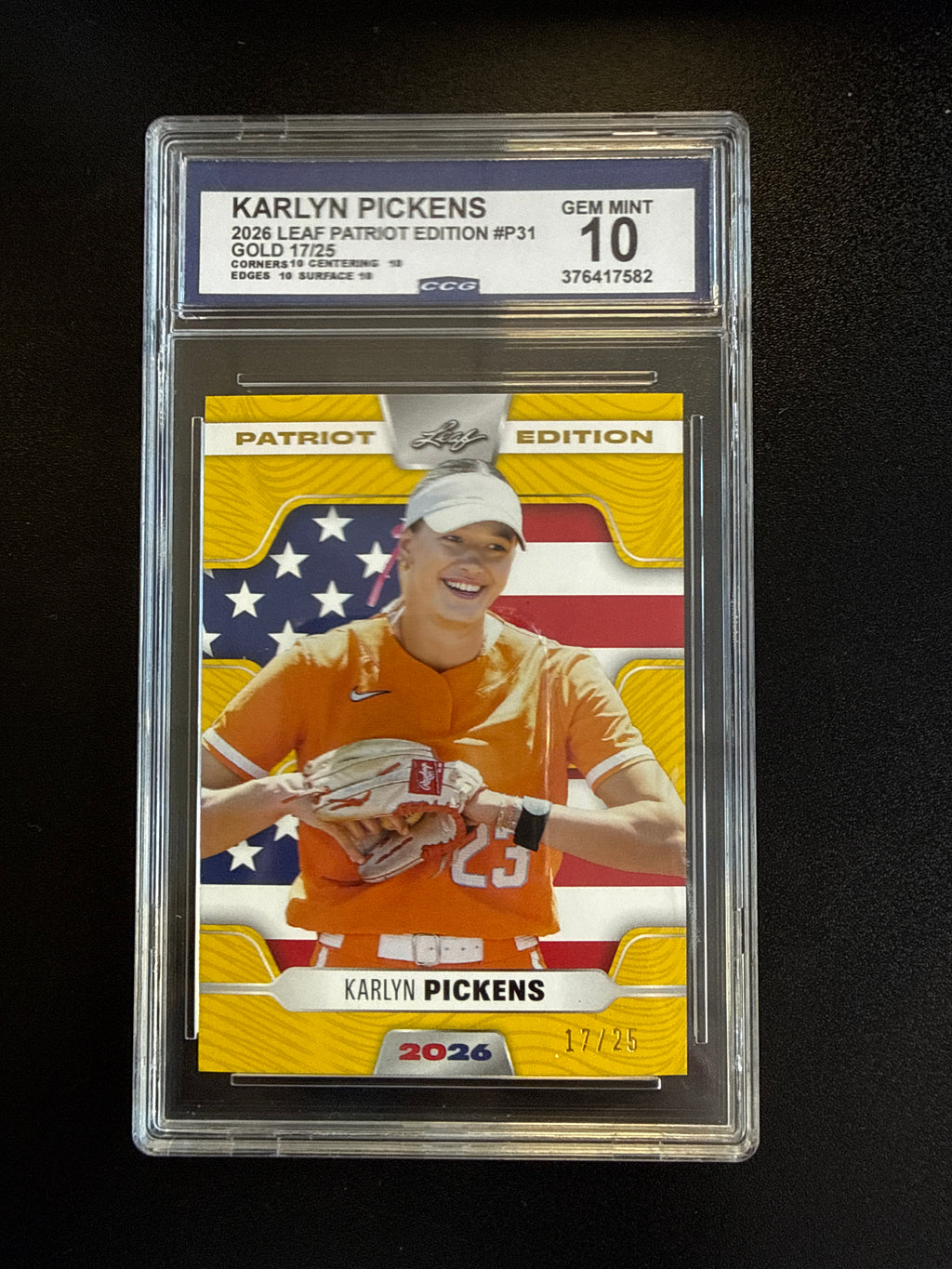 2026 Leaf Patriot Edition #P31 Gold 17/25 Karlyn Pickens CCG 10 front