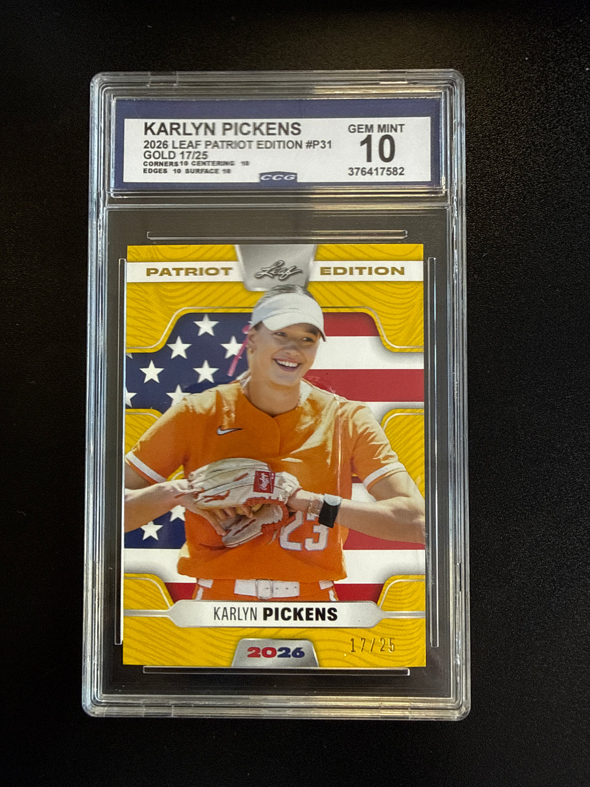 2026 Leaf Patriot Edition #P31 Gold 17/25 Karlyn Pickens CCG 10 front