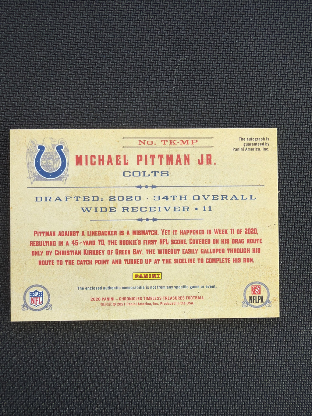 2020 Timeless Treasures Michael Pittman Jr. RPA Auto #05/25 back