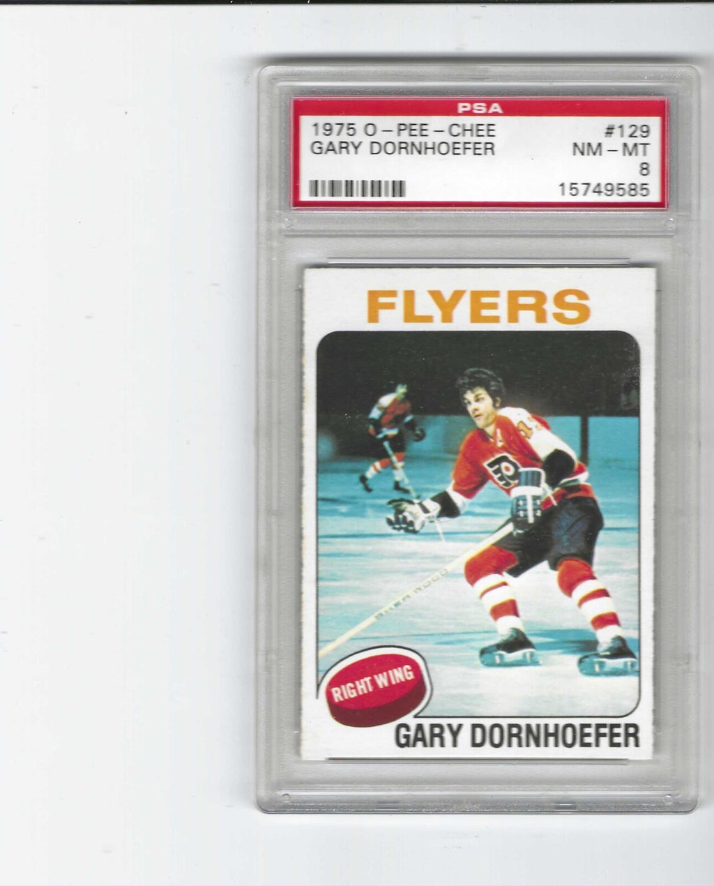 Reference back — 1975 O-Pee-Chee #129 Gary Dornhoefer PSA 8 (visual ref, not this cert slab)