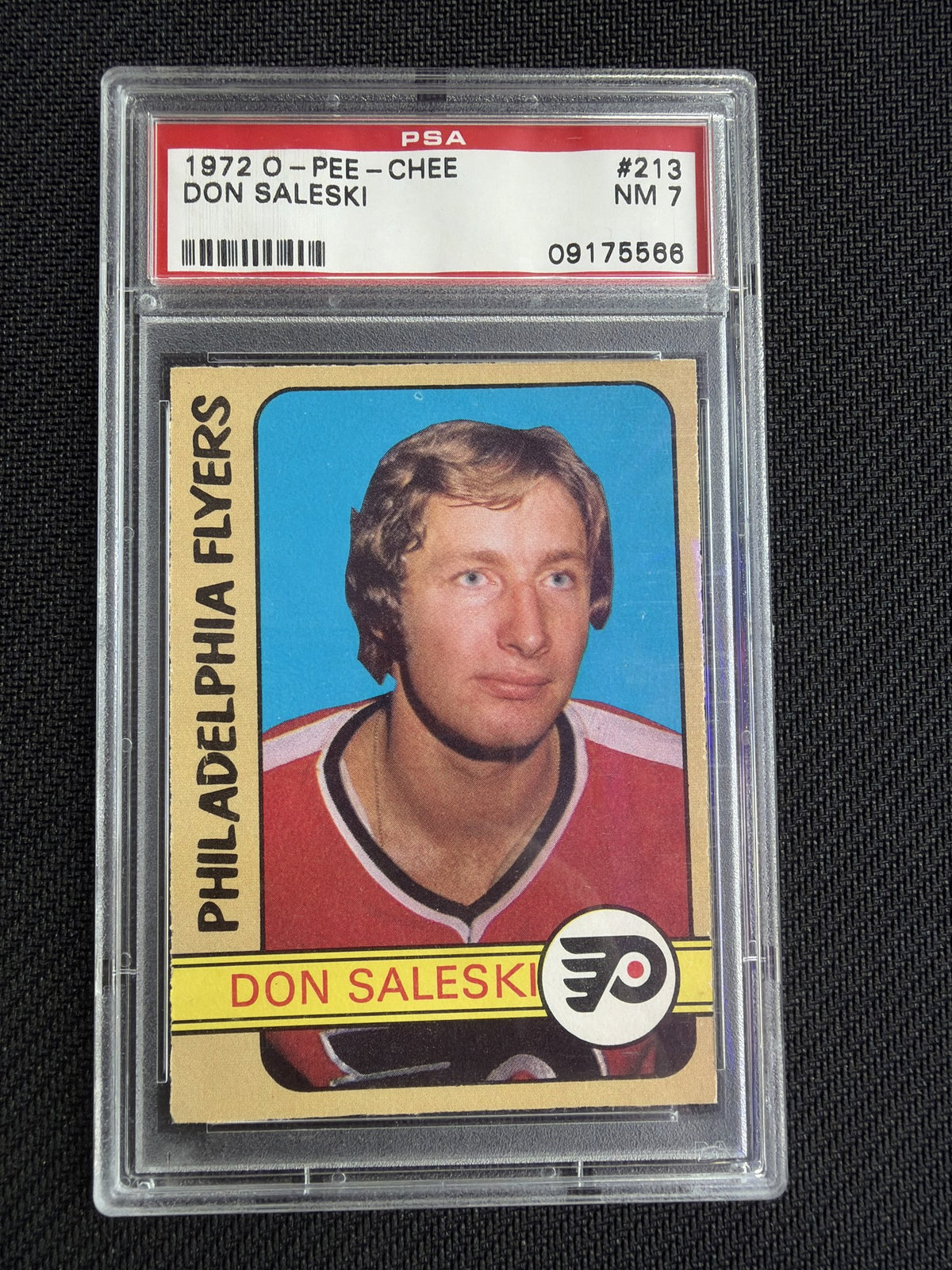 PSA cert 09175566 front slab — 1972 O-Pee-Chee #213 Don Saleski PSA 7 NM