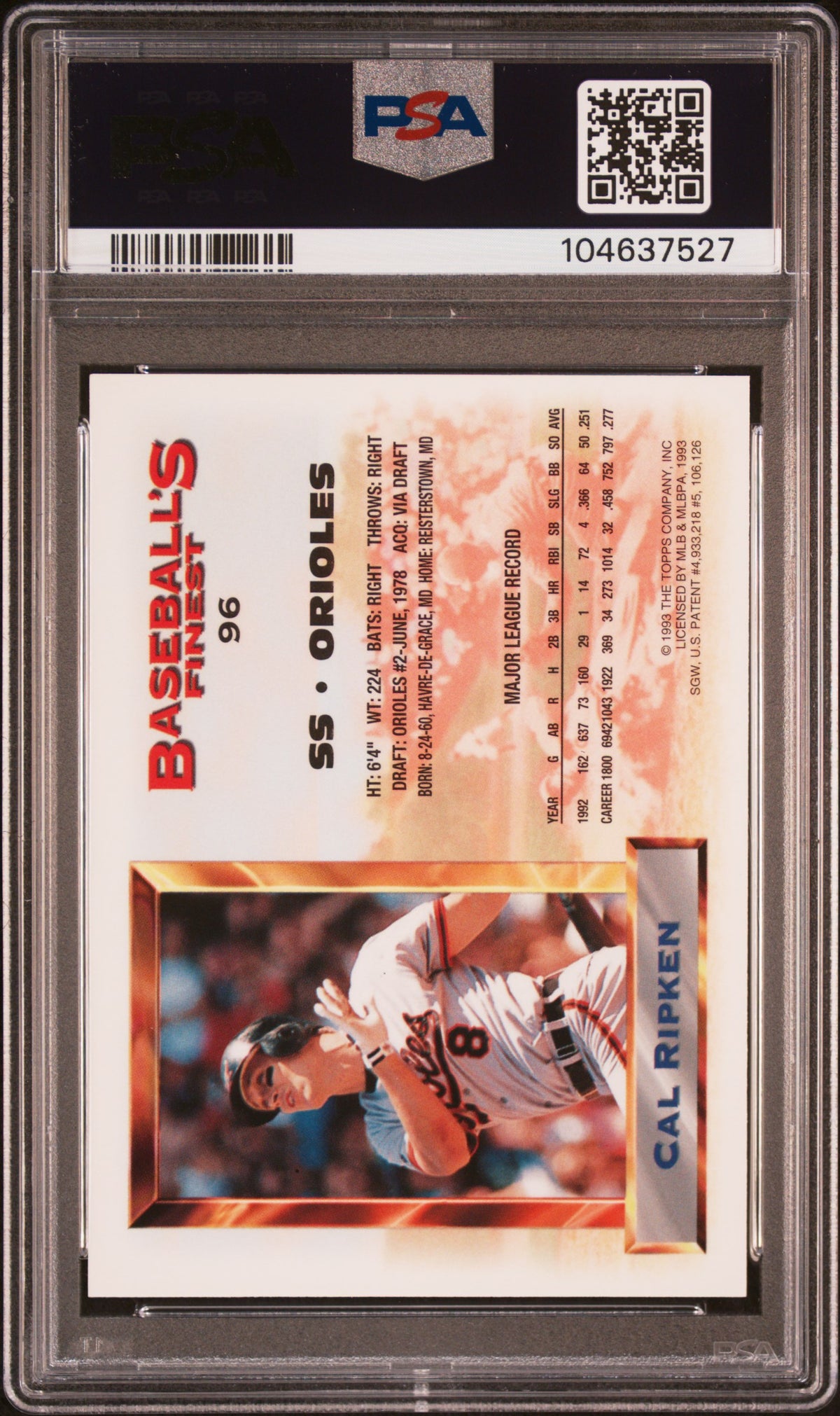 Cal Ripken Jr 1993 Topps Finest #96 PSA 9 - PSA cert 104637527 back