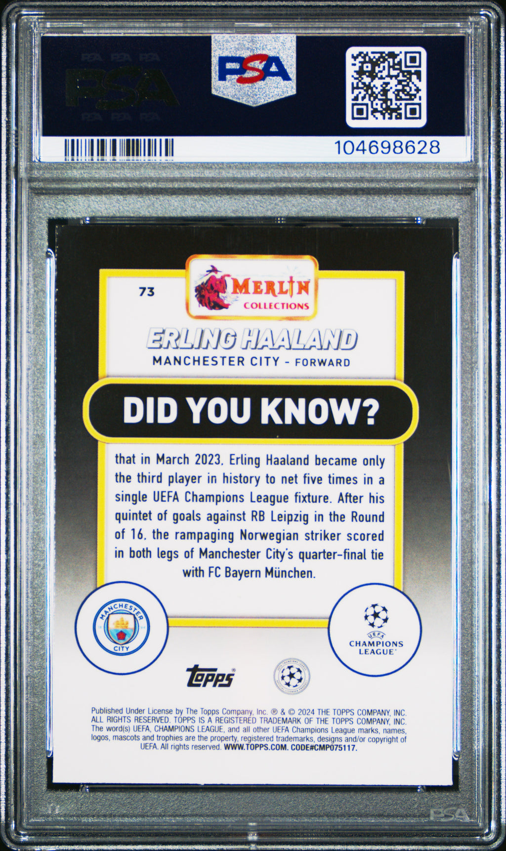 PSA cert 104698628 back — Erling Haaland #73 Gold Atomic 27/50 PSA 10