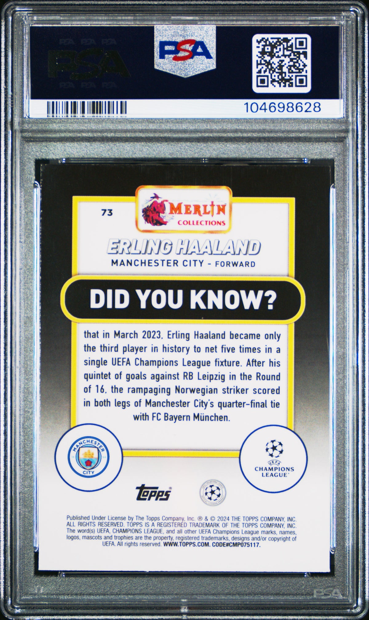 PSA cert 104698628 back — Erling Haaland #73 Gold Atomic 27/50 PSA 10