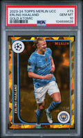 PSA cert 104698628 front — Erling Haaland #73 Gold Atomic 27/50 PSA 10