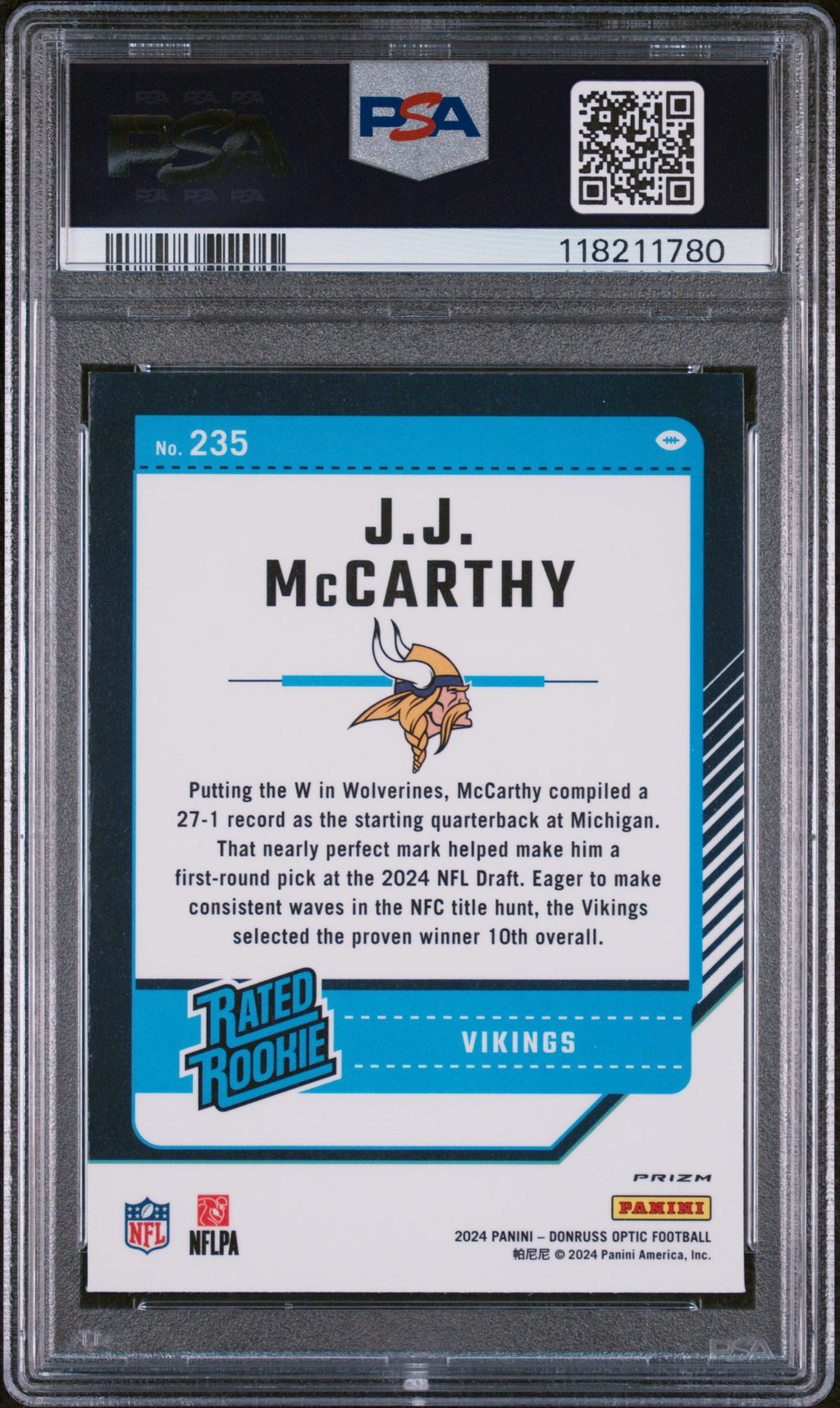 JJ McCarthy 2024 Donruss Optic #235 Green Hyper PSA 9 - PSA cert 118211780 back