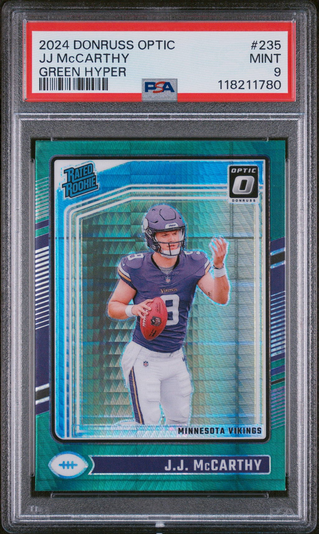 JJ McCarthy 2024 Donruss Optic #235 Green Hyper PSA 9 - PSA cert 118211780 front