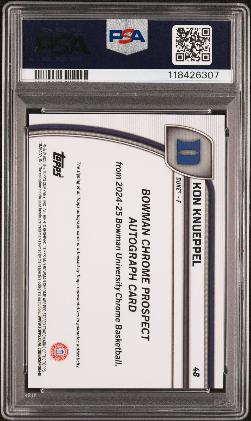 PSA cert 118426307 back — 2024 Bowman Chrome University #48 Kon Knueppel GEM MT 10