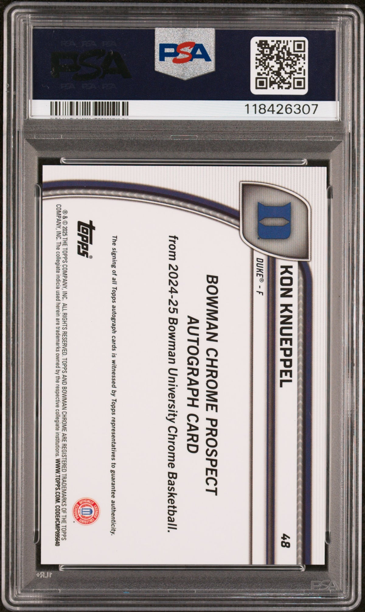 PSA cert 118426307 back — 2024 Bowman Chrome University #48 Kon Knueppel GEM MT 10