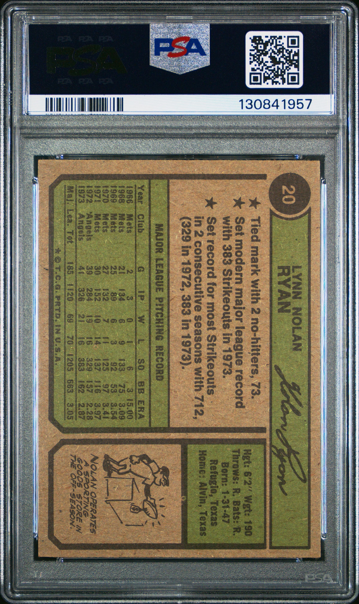 PSA cert 130841957 back — Nolan Ryan #20 PSA 5