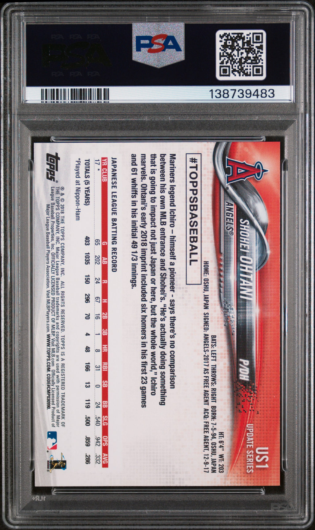 PSA cert 138739483 back — Shohei Ohtani #US1 PSA 10