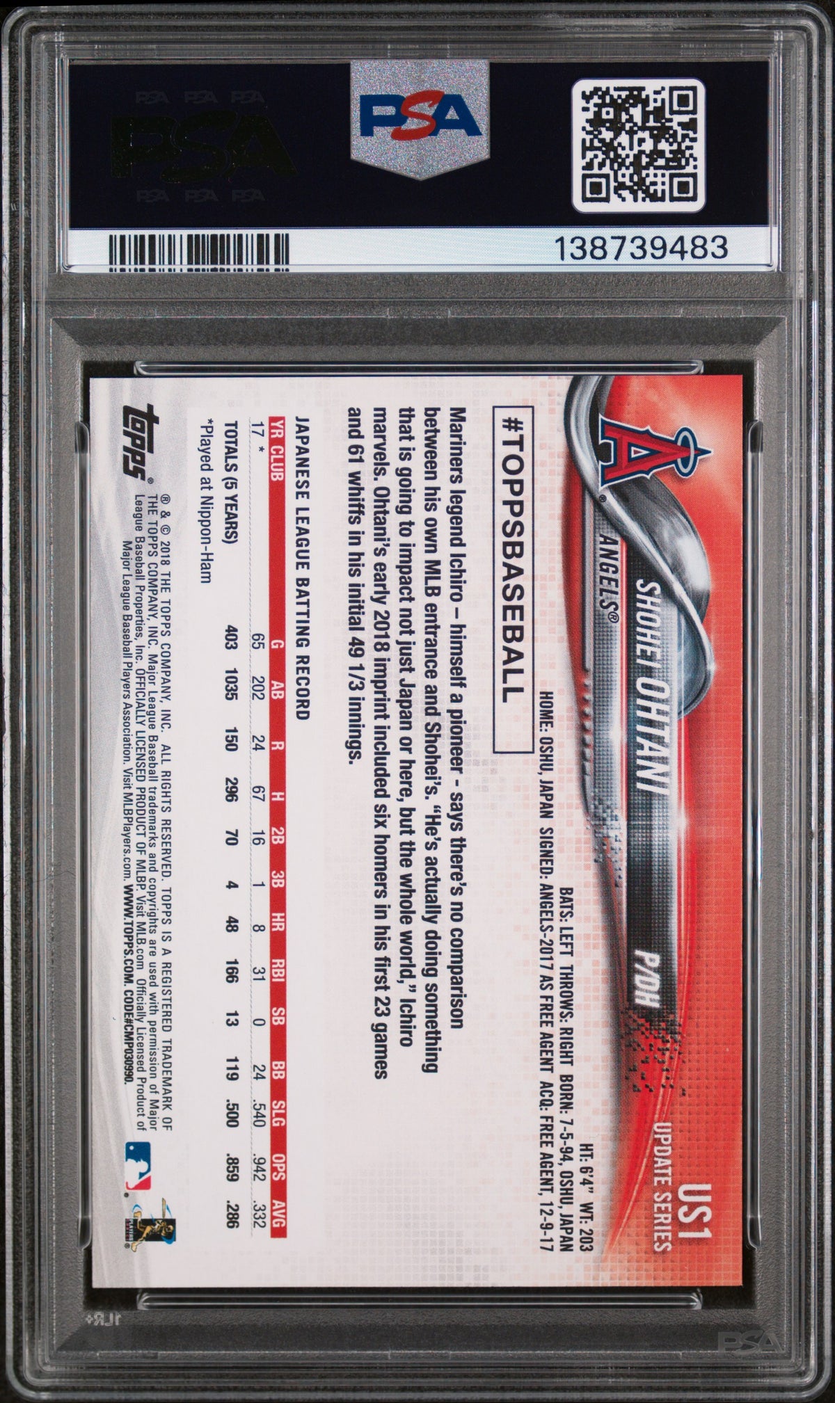 PSA cert 138739483 back — Shohei Ohtani #US1 PSA 10