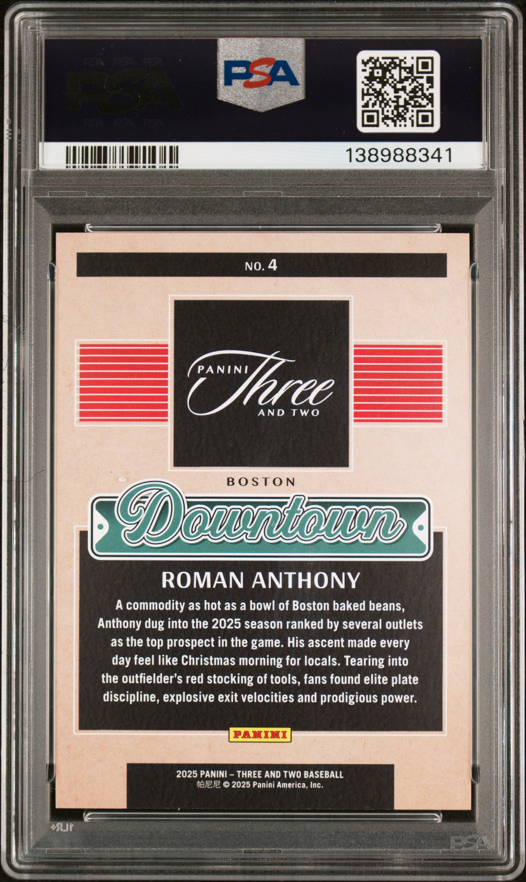 2025 Panini Three and Two Roman Anthony Downtown #4 RC PSA 10 back, cert 138988341