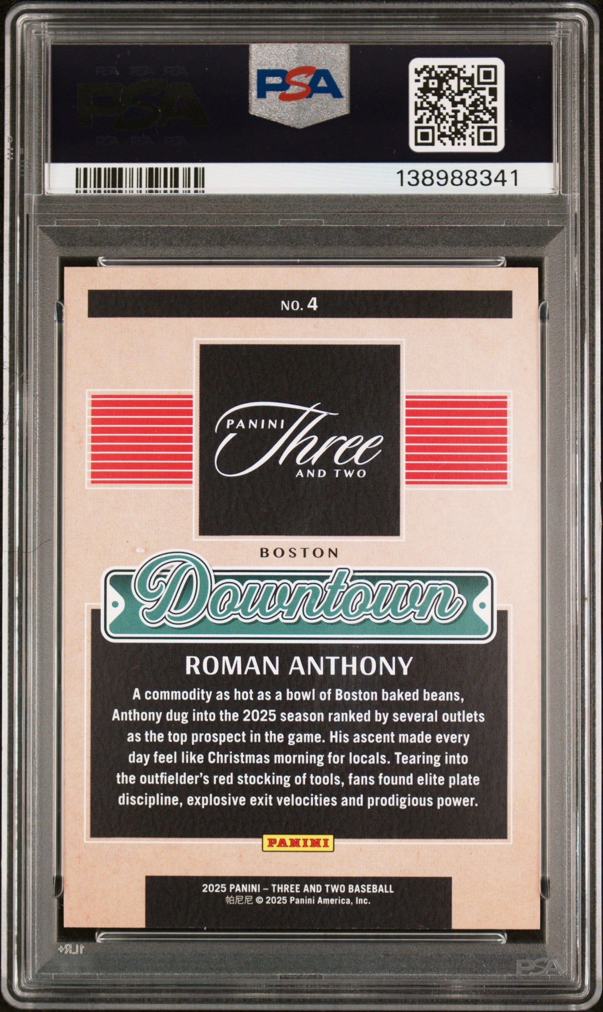2025 Panini Three and Two Roman Anthony Downtown #4 RC PSA 10 back, cert 138988341