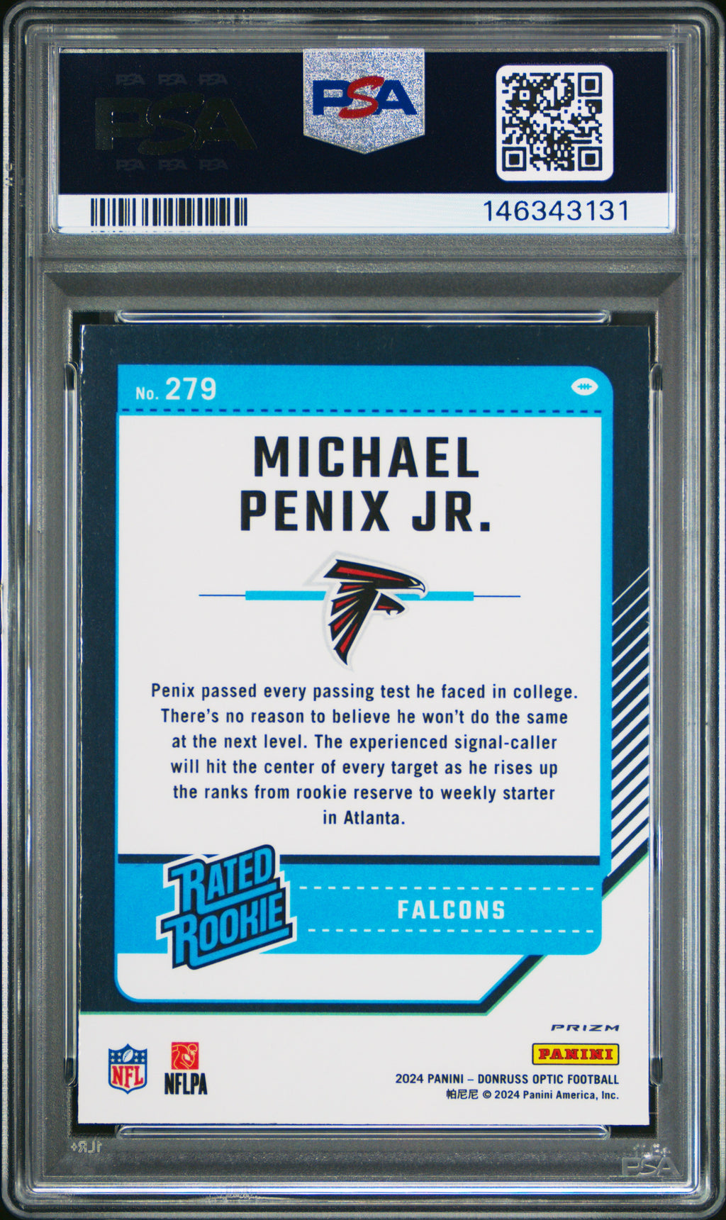 Michael Penix Jr 2024 Donruss Optic #279 Green Velocity PSA 10 - PSA cert 146343131 back