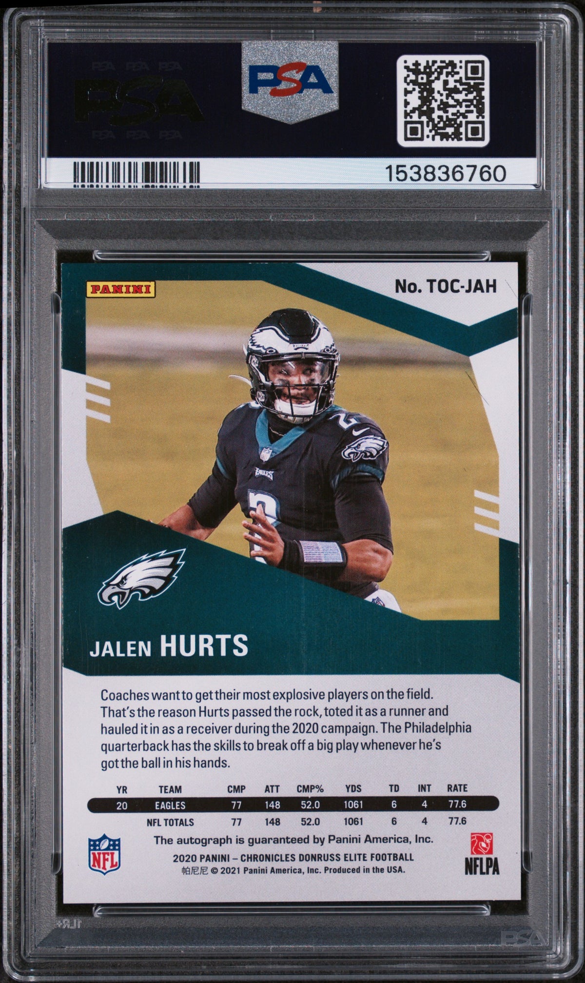 2020 Panini Chronicles Elite Jalen Hurts Turn of the Century Auto #089/149 PSA 8 - PSA cert 153836760 back