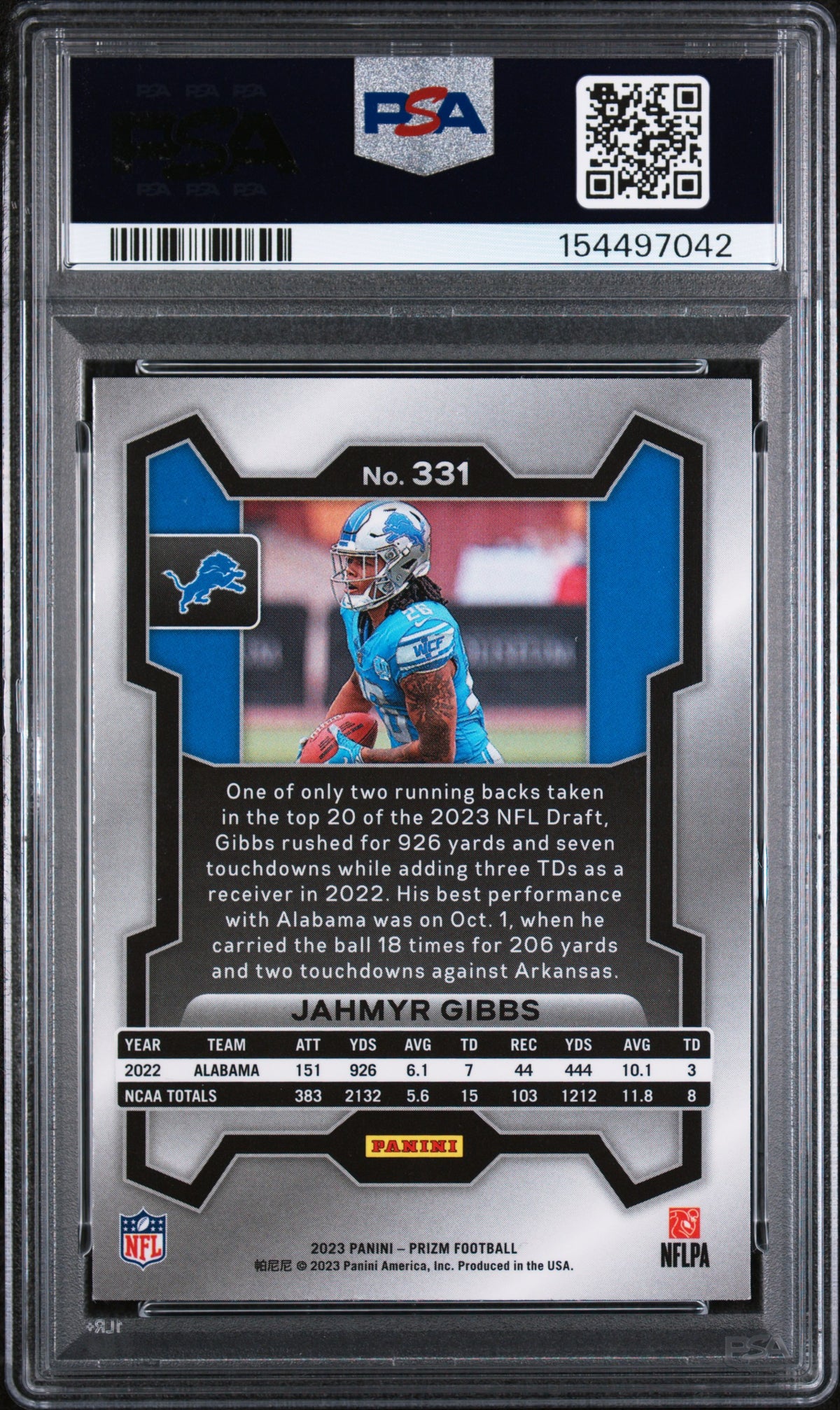 PSA cert 154497042 back — Jahmyr Gibbs #331 Prizm Base RC PSA 9