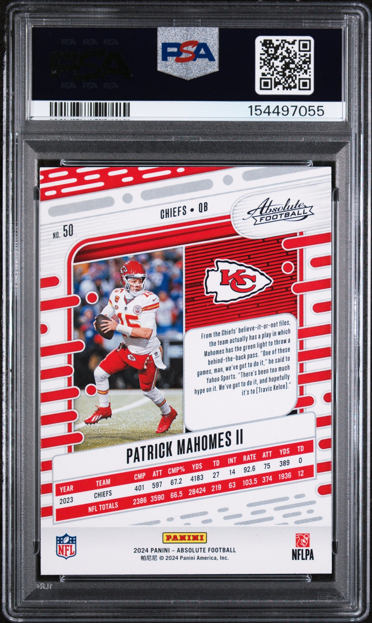 PSA cert 154497055 back — Patrick Mahomes II Absolute #50 PSA 10