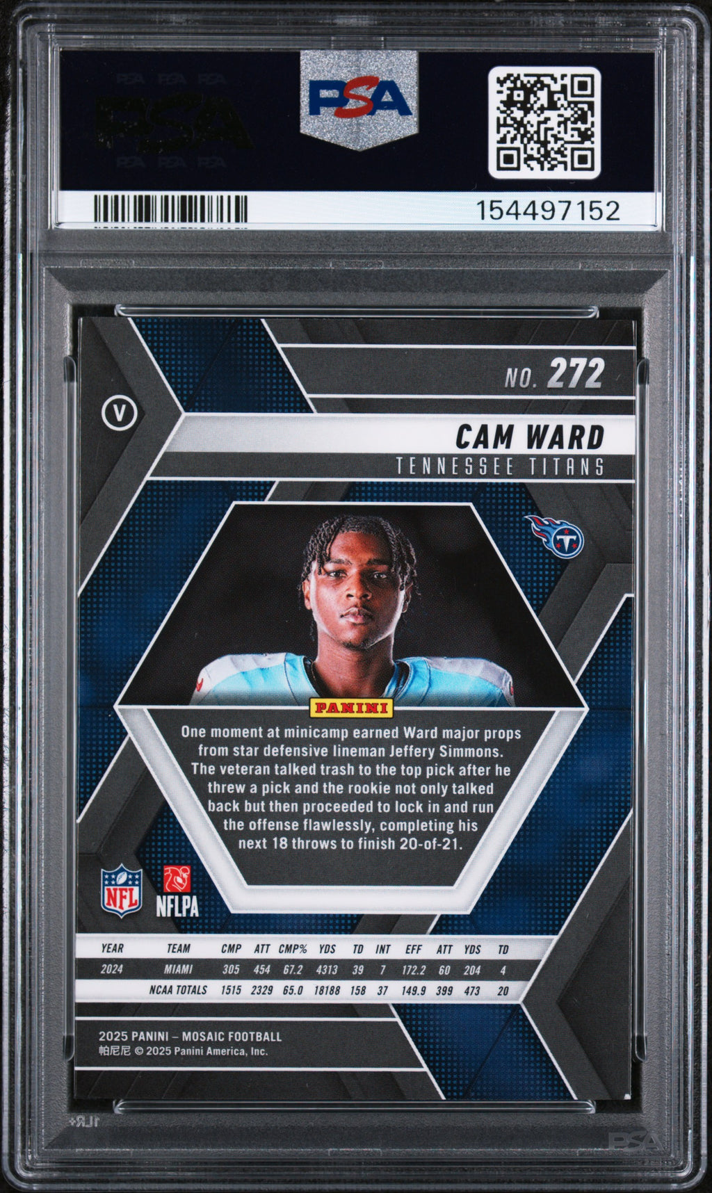 PSA 154497152 back — 2025 Mosaic Cam Ward #272 Rookie Variation PSA 9