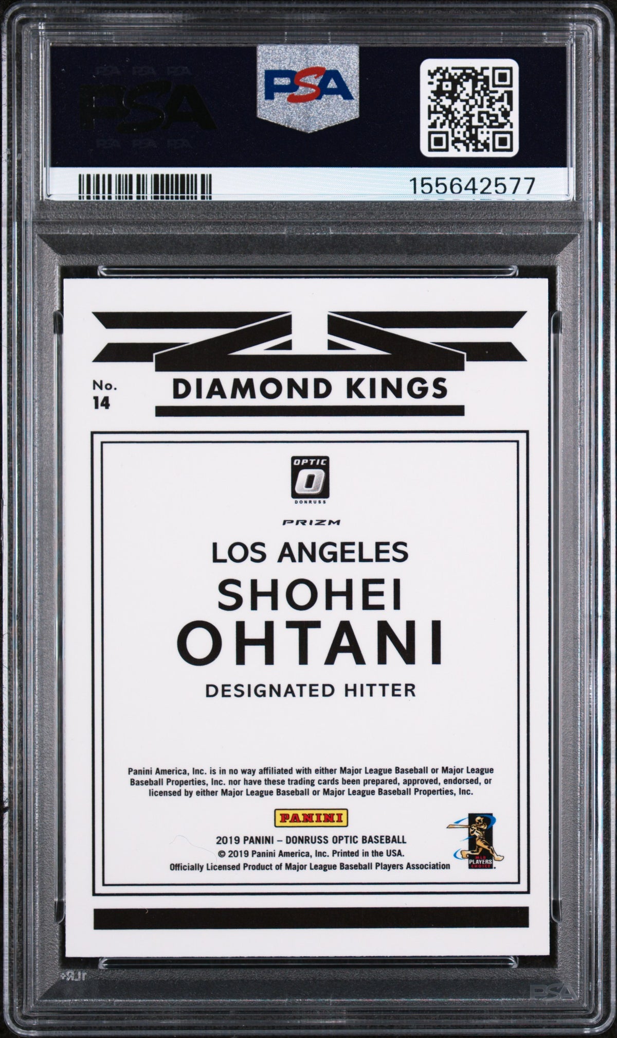 PSA cert 155642577 back — Shohei Ohtani Diamond Kings #14 Pink PSA 10