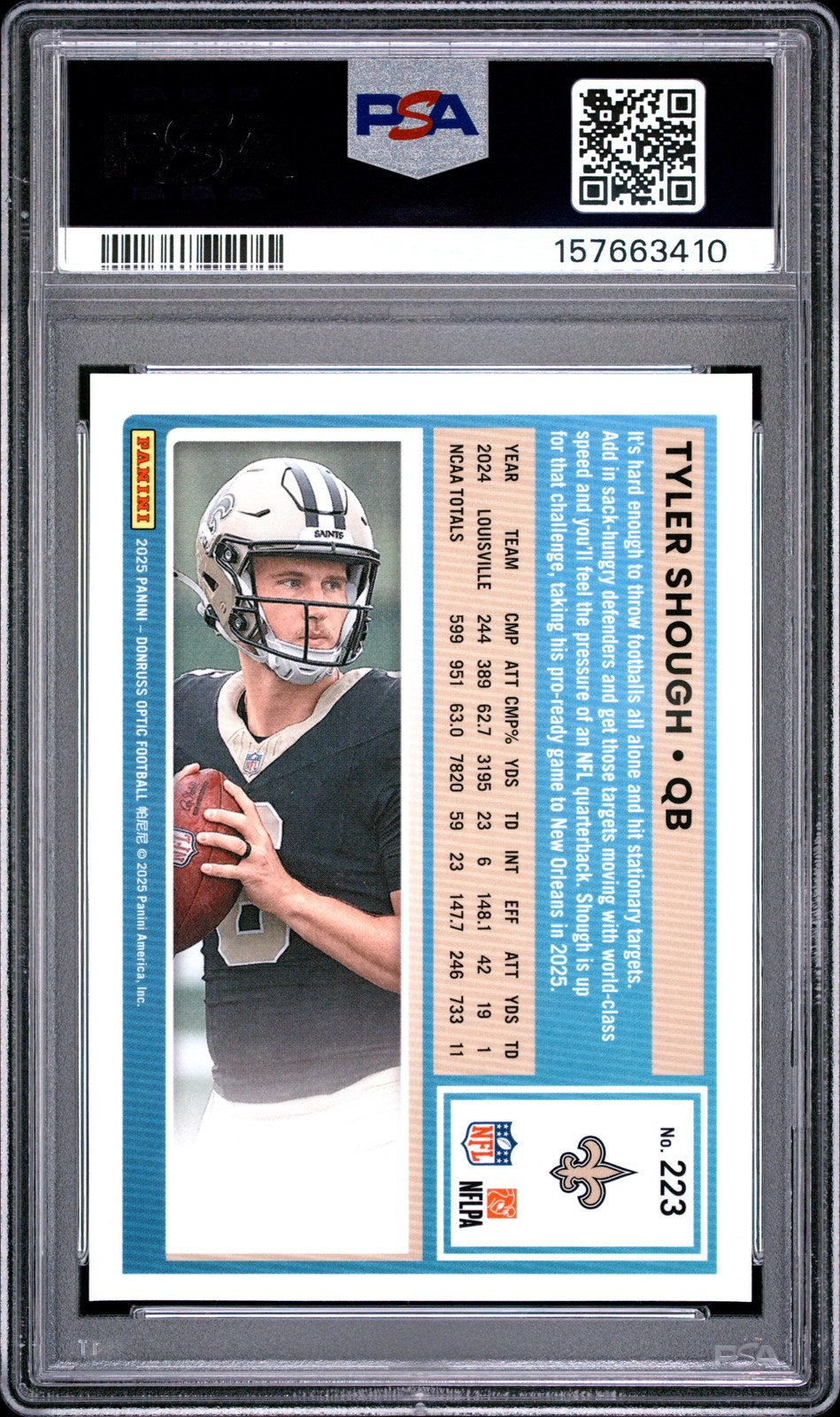PSA cert 157663410 back — Tyler Shough #223 PSA 9