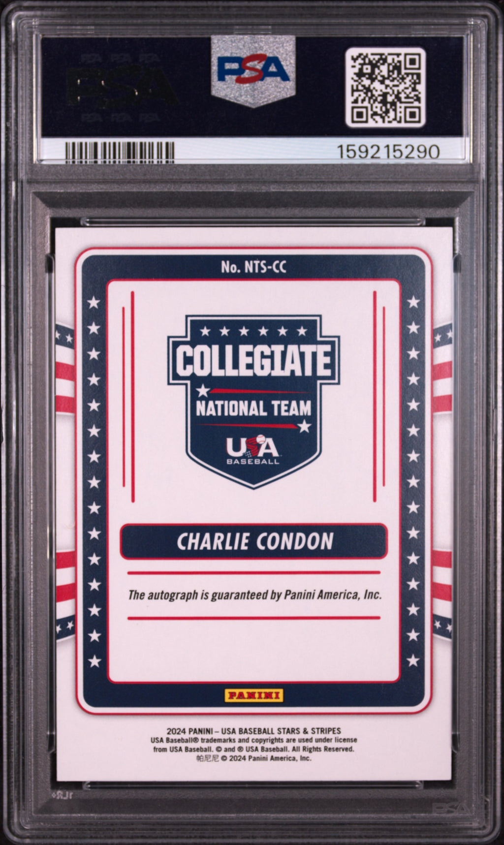 PSA cert 159215290 back — Charlie Condon #NTS-CC PSA 9
