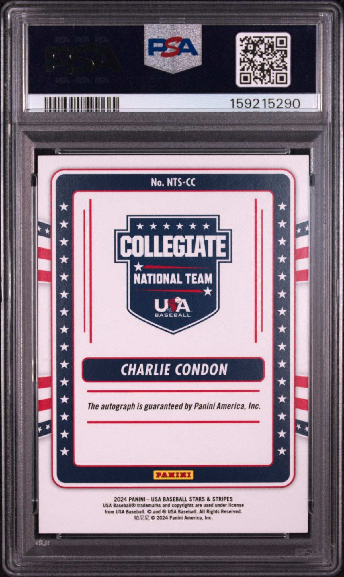 PSA cert 159215290 back — Charlie Condon #NTS-CC PSA 9