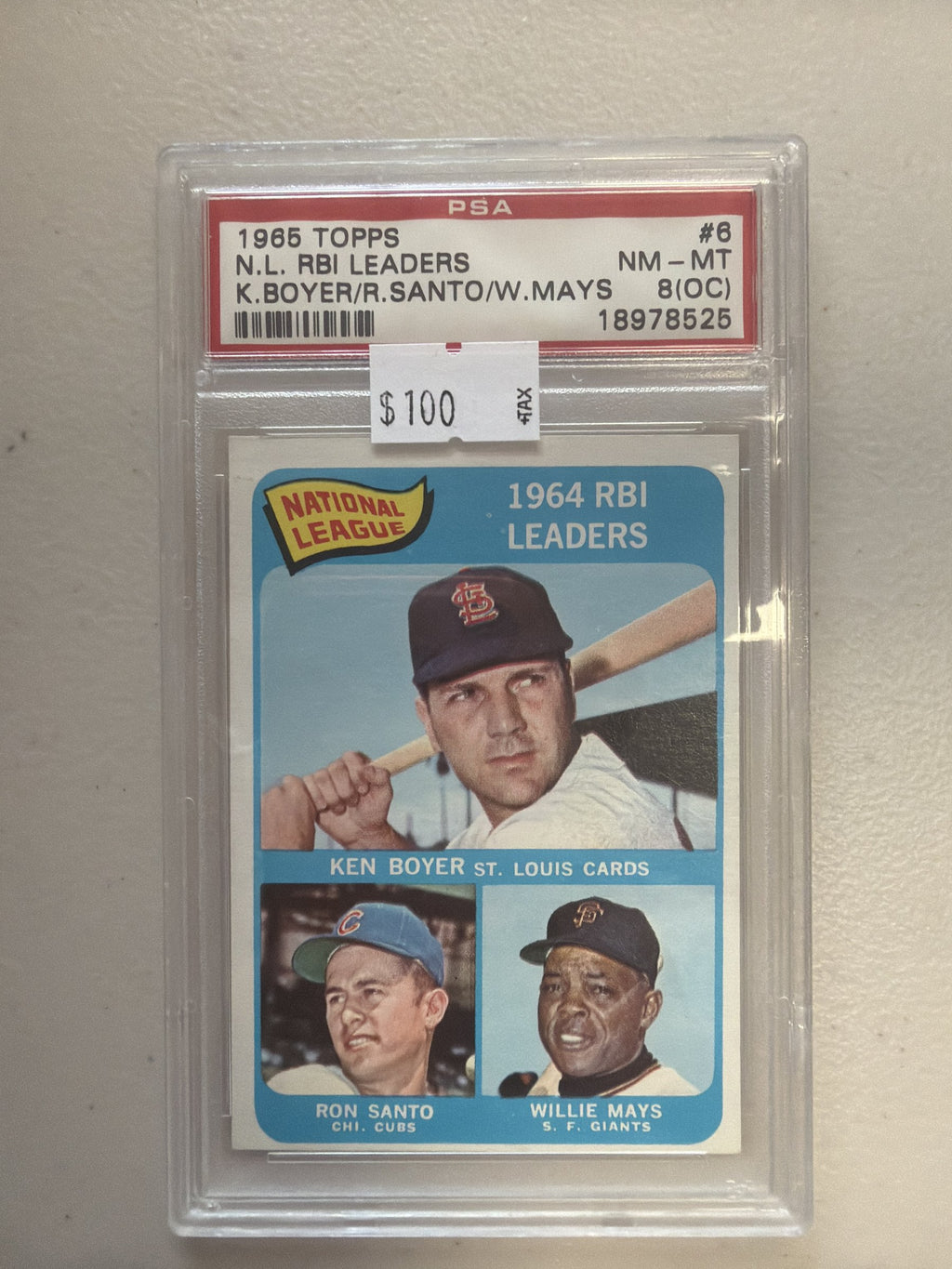 PSA cert 18978525 front — 1965 Topps #6 N.L. RBI Leaders (Boyer/Santo/Mays) NM-MT 8 (OC)