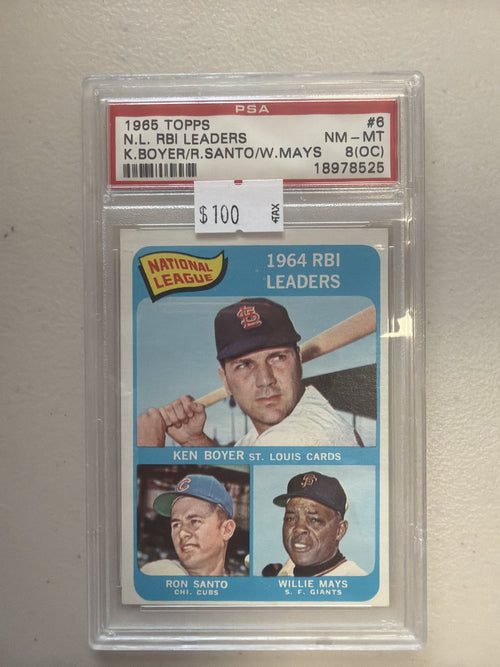 PSA cert 18978525 front — 1965 Topps #6 N.L. RBI Leaders (Boyer/Santo/Mays) NM-MT 8 (OC)