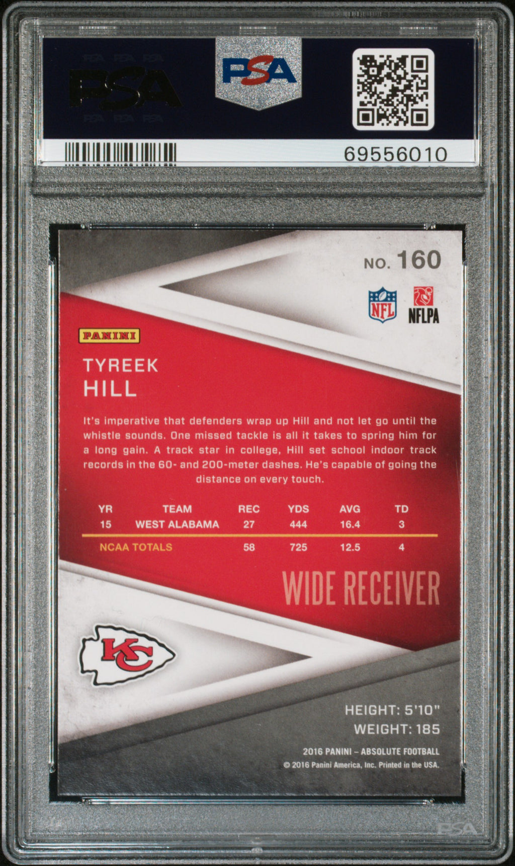 PSA 69556010 back — 2016 Absolute Tyreek Hill #160 Spectrum Blue PSA 9 RC