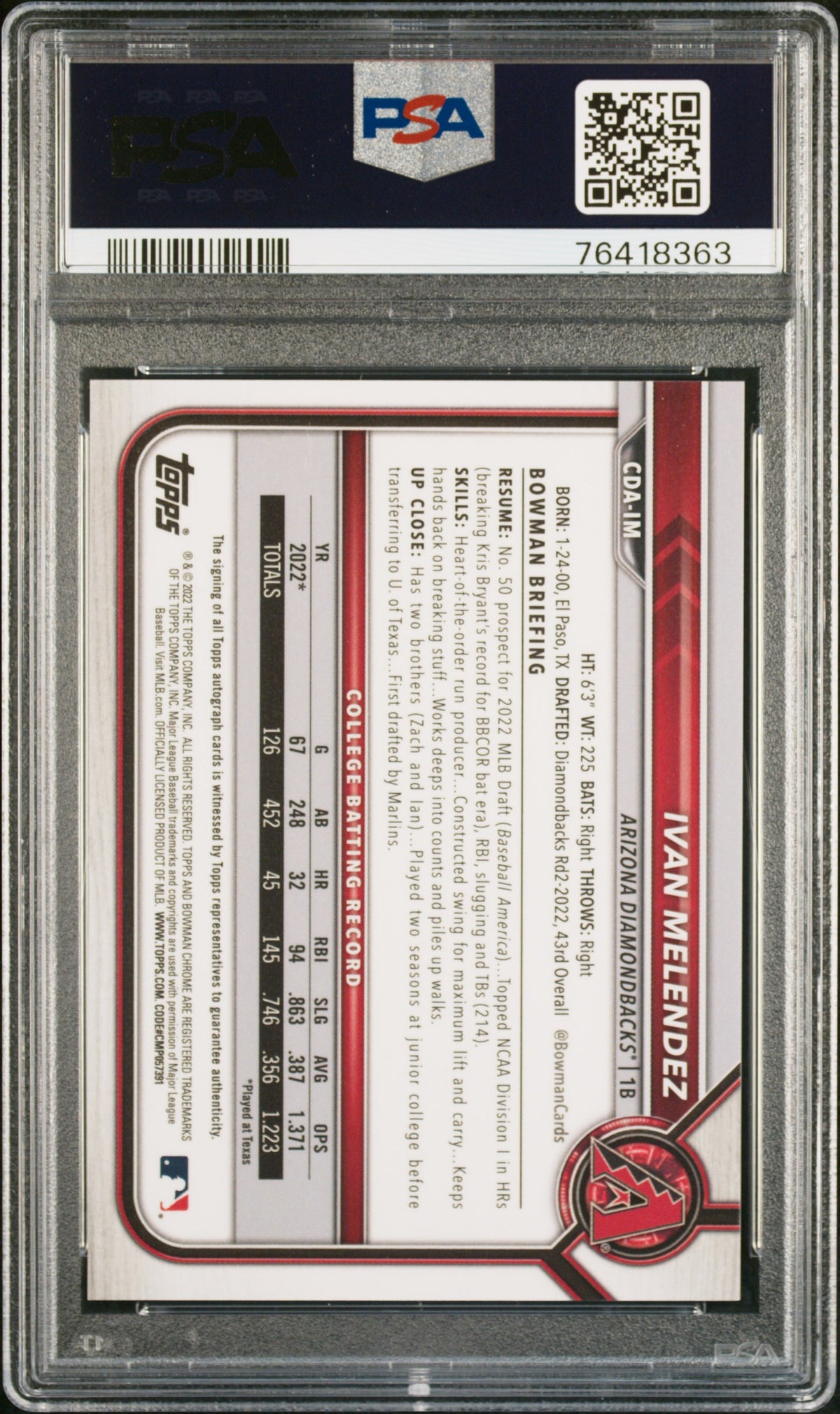Ivan Melendez 2022 Bowman Chrome Draft #CDAIM Autograph PSA 9 - PSA cert 76418363 back
