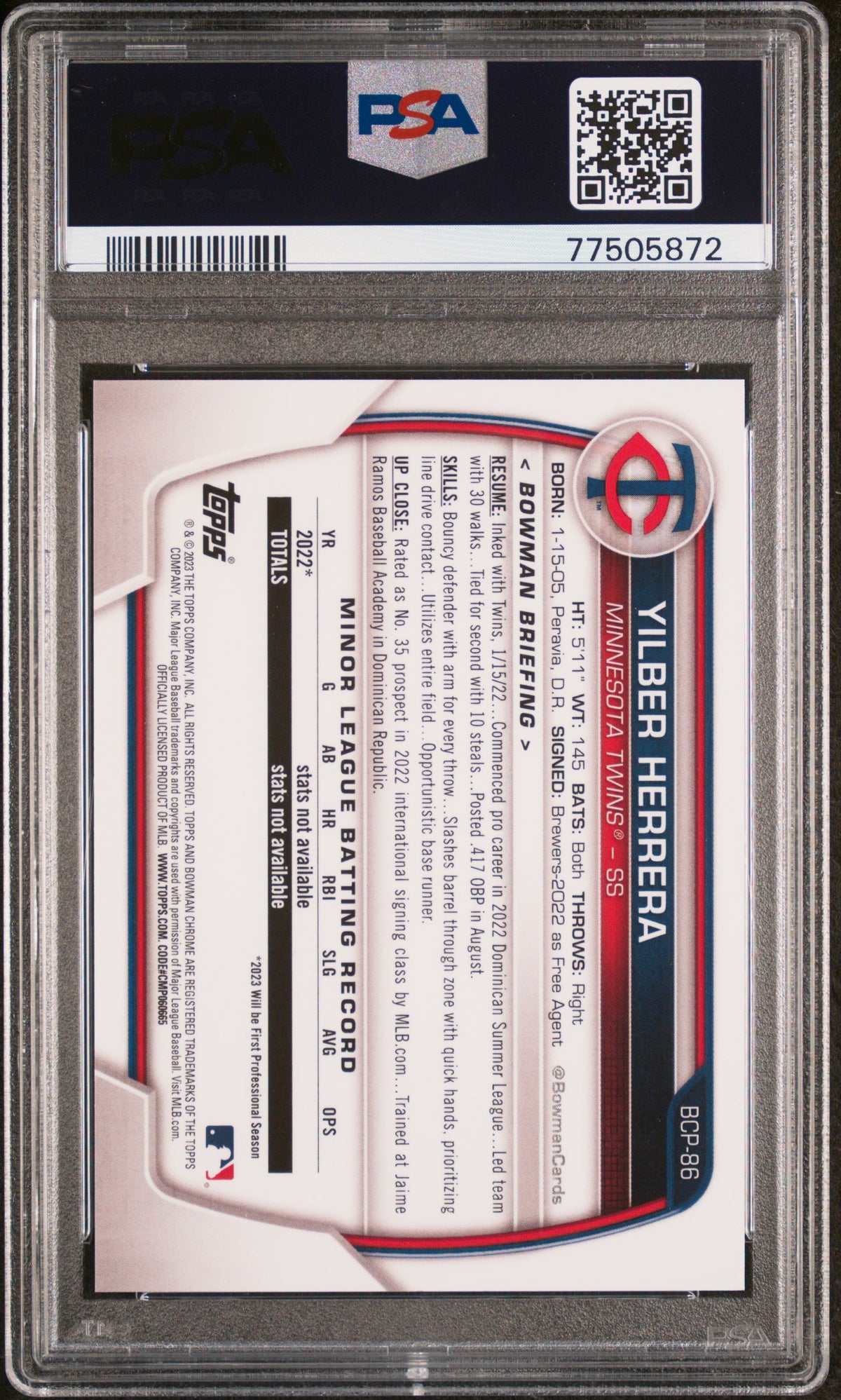 Yilber Herrera Chrome Pros #BCP86 Orange Refractor 02/25 PSA 9 - PSA cert 77505872 back