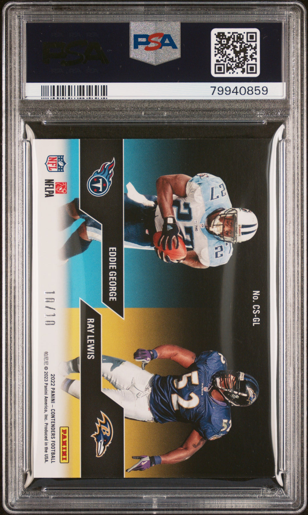 PSA 79940859 back — 2022 Contenders Contenders Series Eddie George/Ray Lewis Platinum #10/10 PSA 8