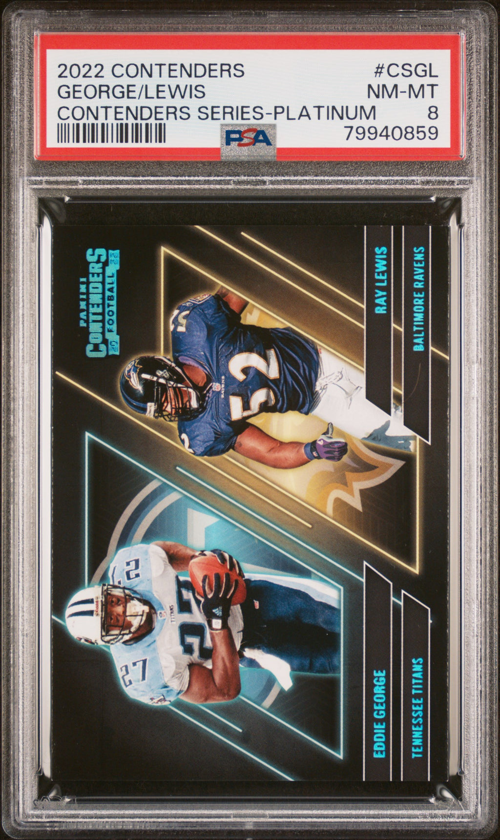 PSA 79940859 front — 2022 Contenders Contenders Series Eddie George/Ray Lewis Platinum #10/10 PSA 8