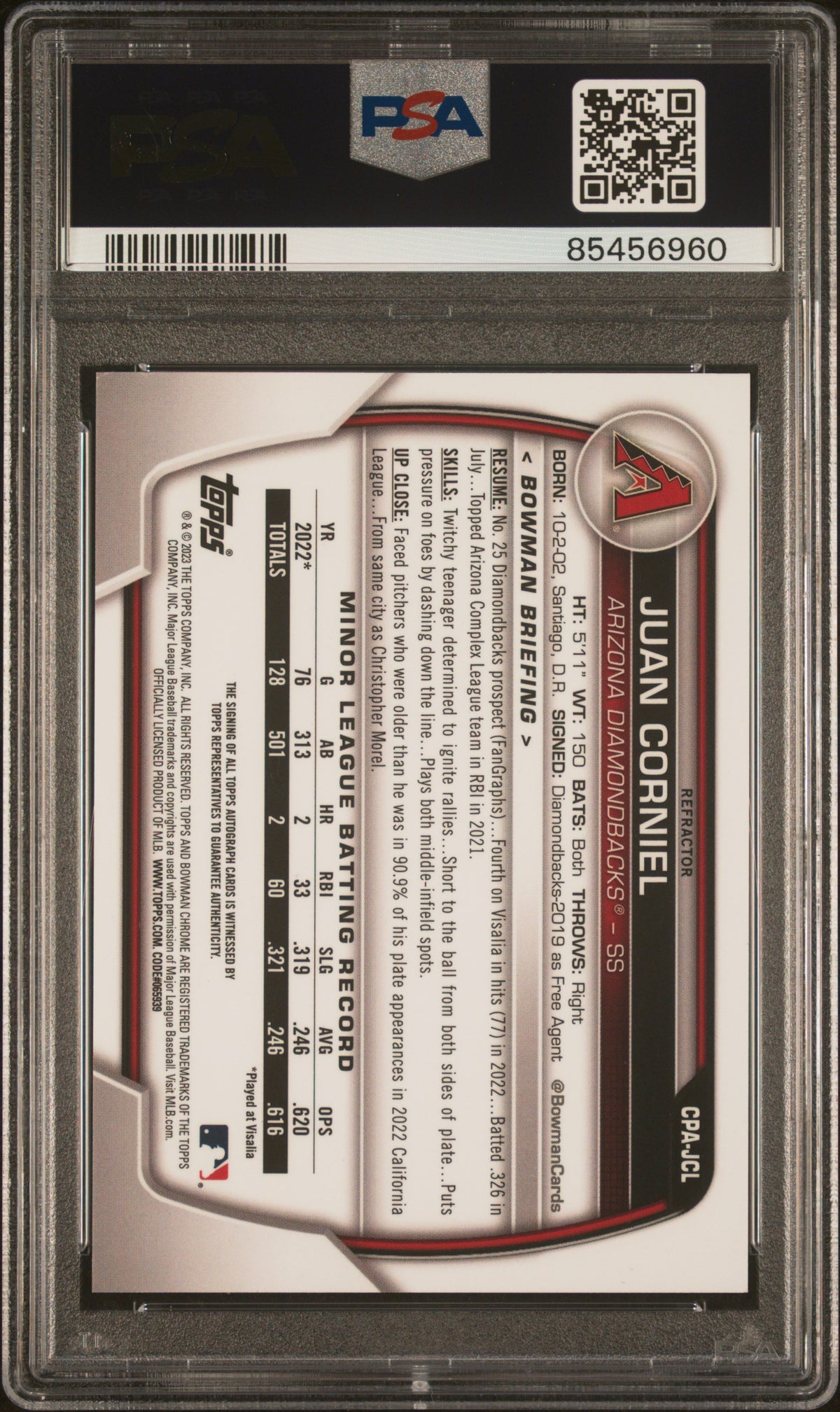 Juan Corniel 2023 Bowman Chrome #CPAJCL Prospect Autograph Refractor /499 PSA 10 - PSA cert 85456960 back