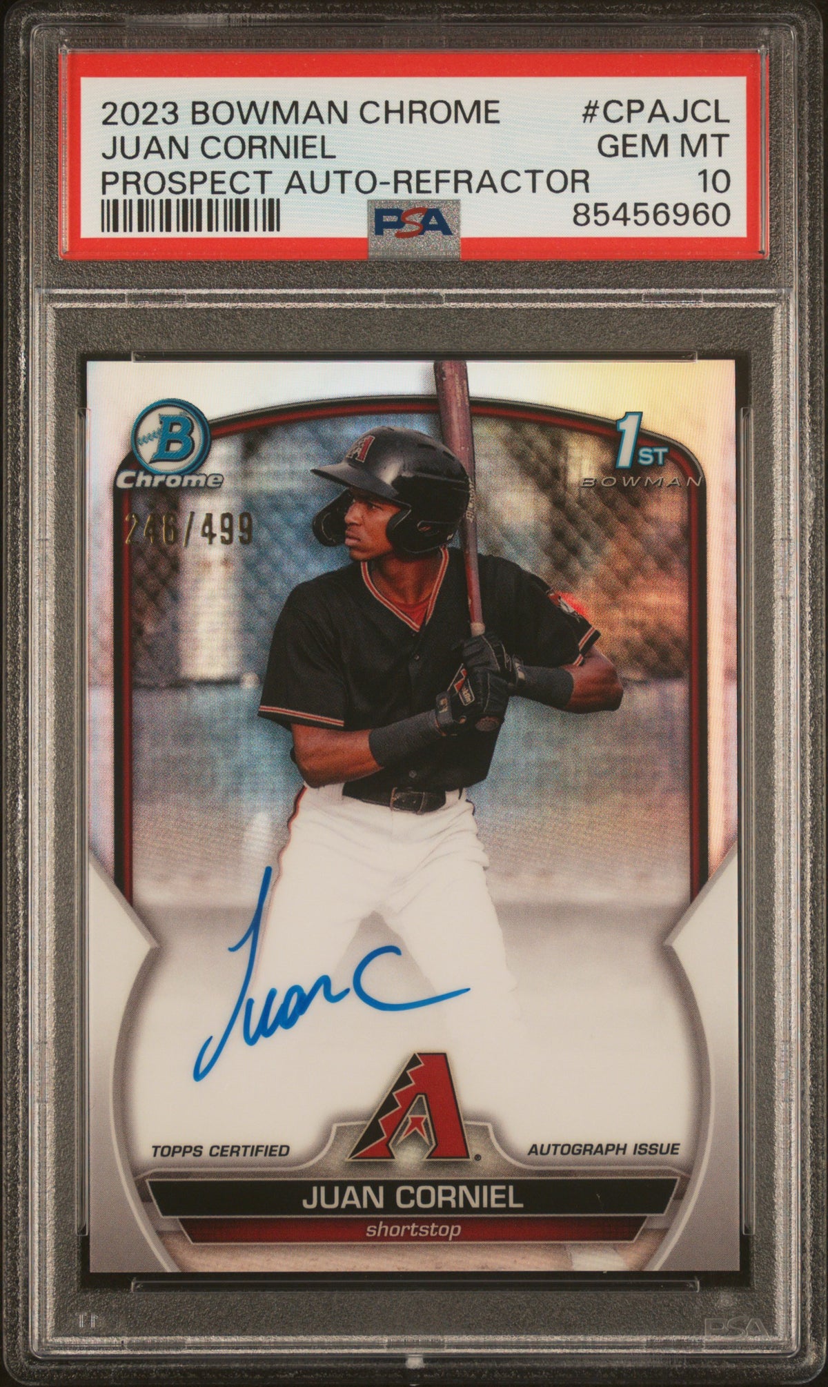 Juan Corniel 2023 Bowman Chrome #CPAJCL Prospect Autograph Refractor /499 PSA 10 - PSA cert 85456960 front
