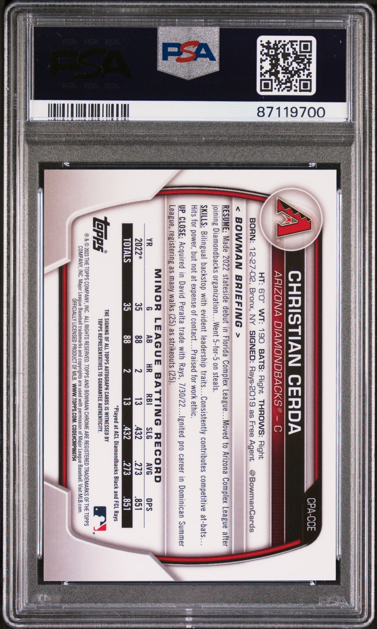 Christian Cerda 2023 Bowman Chrome #CPACCE Prospect Autograph PSA 10 - PSA cert 87119700 back