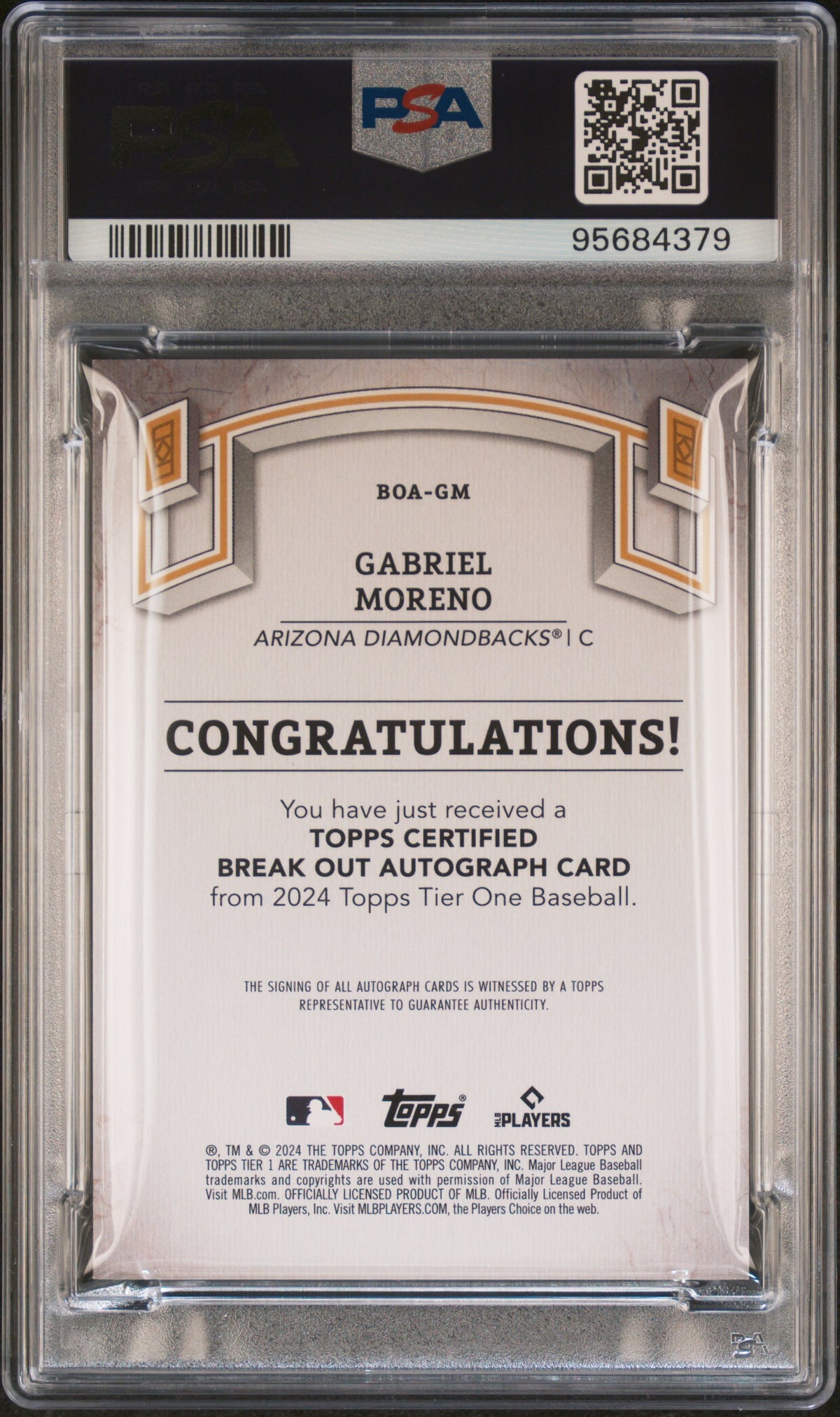 Gabriel Moreno 2024 #BOAGM Tier One Break Out Autograph Blue Foil /99 PSA 9 - PSA cert 95684379 back