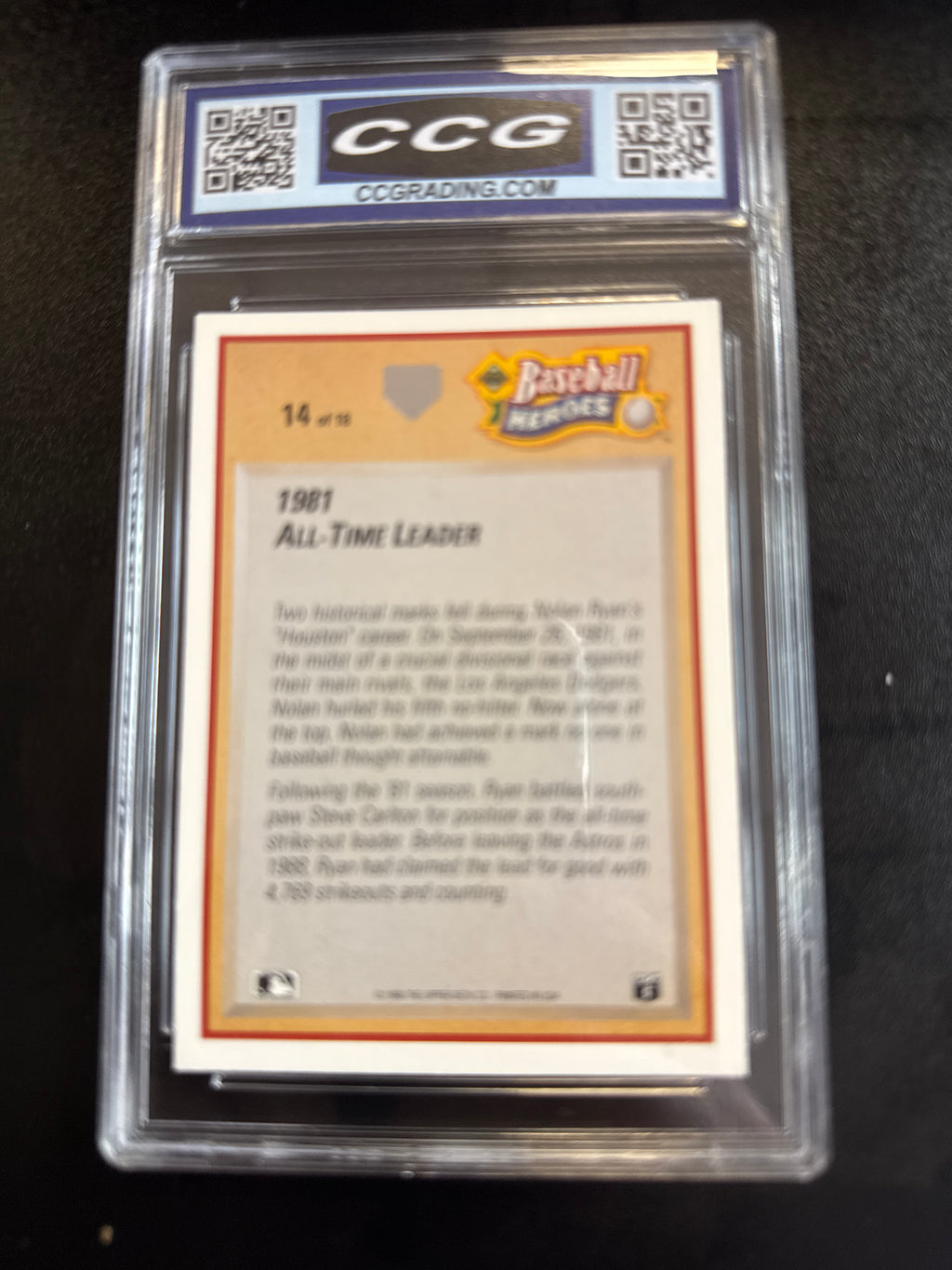 1990 Upper Deck Baseball Heroes #14 Nolan Ryan 1981 All-Time Leader CCG 10 back