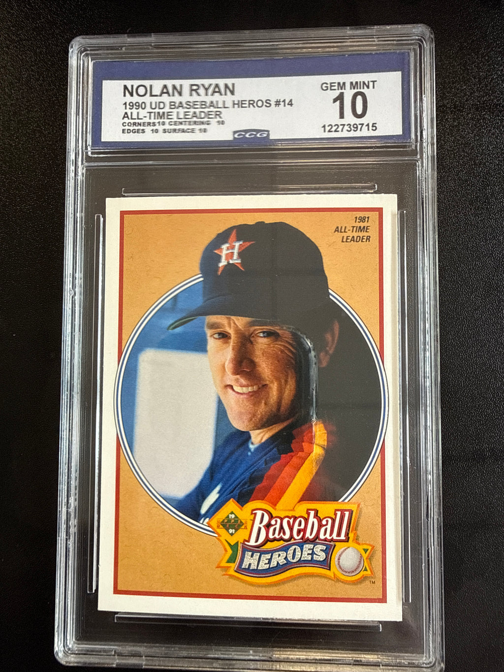 1990 Upper Deck Baseball Heroes #14 Nolan Ryan 1981 All-Time Leader CCG 10 front