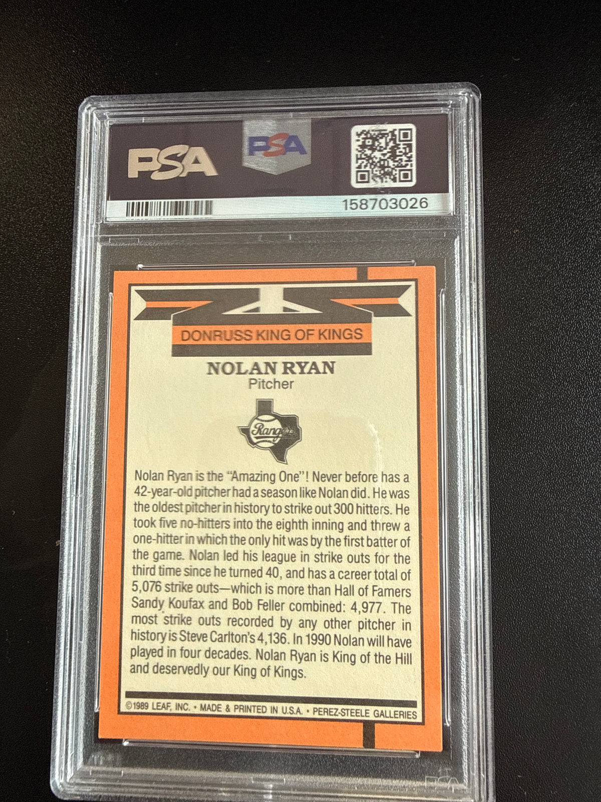 1990 Donruss Nolan Ryan King of Kings No Number Variation PSA 7 back