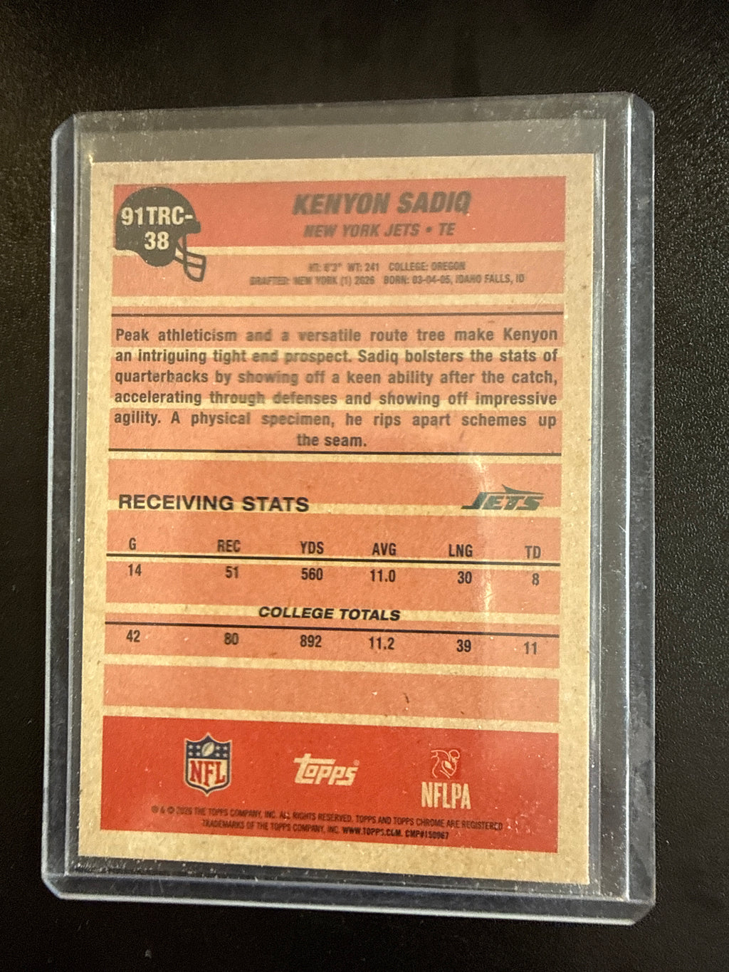 2026 Topps 1991 Topps 35th Anniversary Chrome #91TRC-38 Kenyon Sadiq RC Blue #061/150 New York Jets back