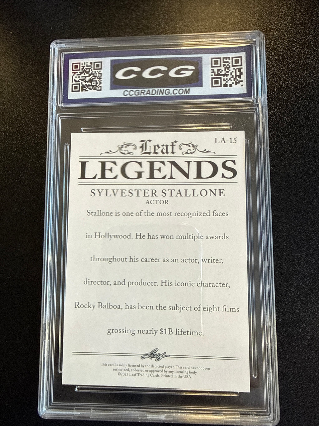 2023 Leaf Legends #LA15 Legend Achievement Sylvester Stallone CCG 10 back