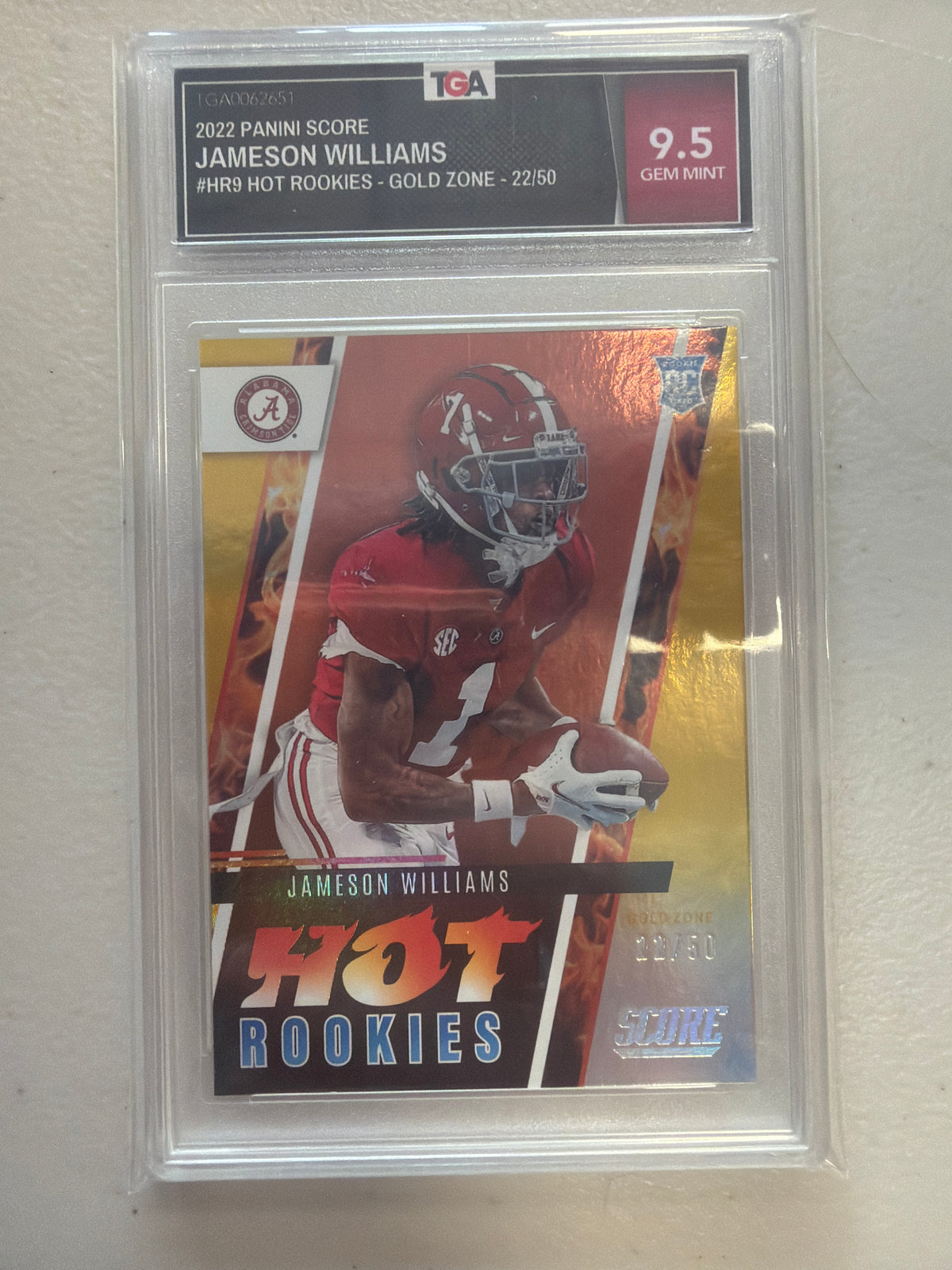 TGA cert TGA0062651 front — Jameson Williams Hot Rookies #HR9 Gold Zone 22/50 TGA 9.5