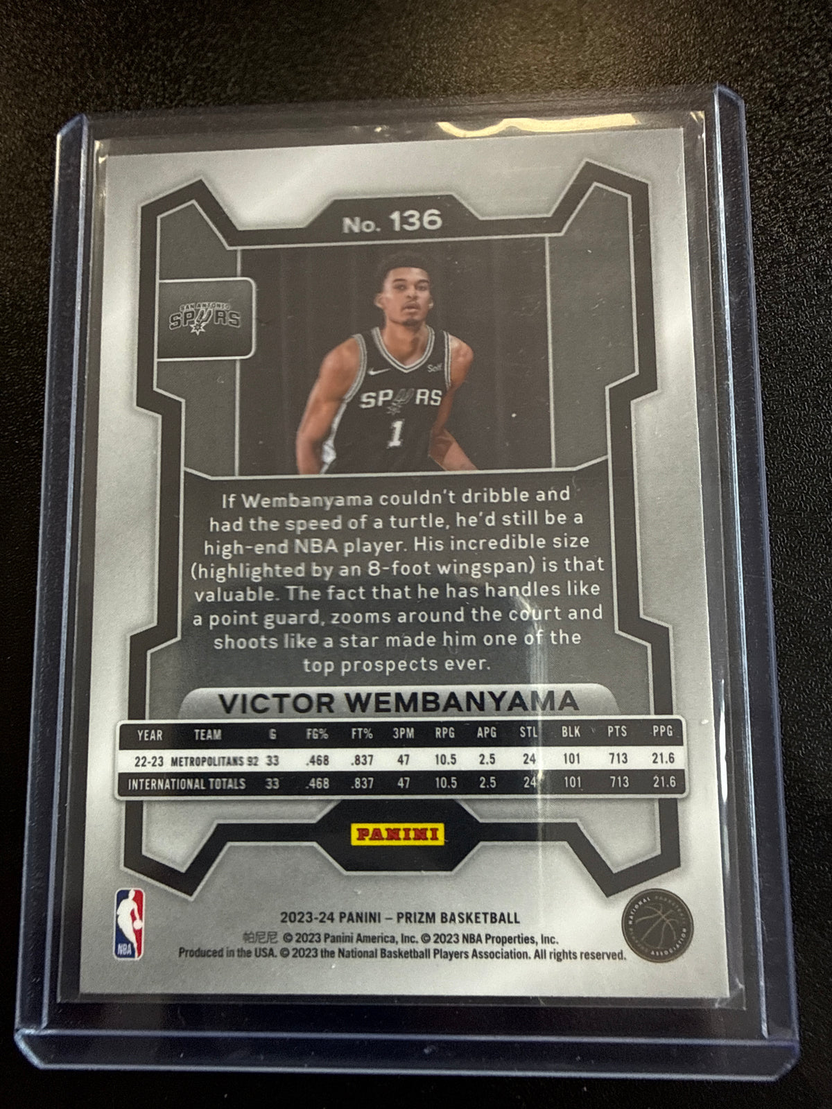 2023-24 Panini Prizm #136 Victor Wembanyama Rookie RC San Antonio Spurs back